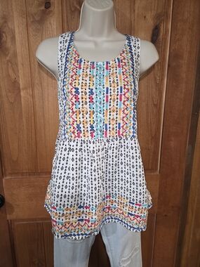 Women's White Tank Top with Colorful Embroidered Front Panel
